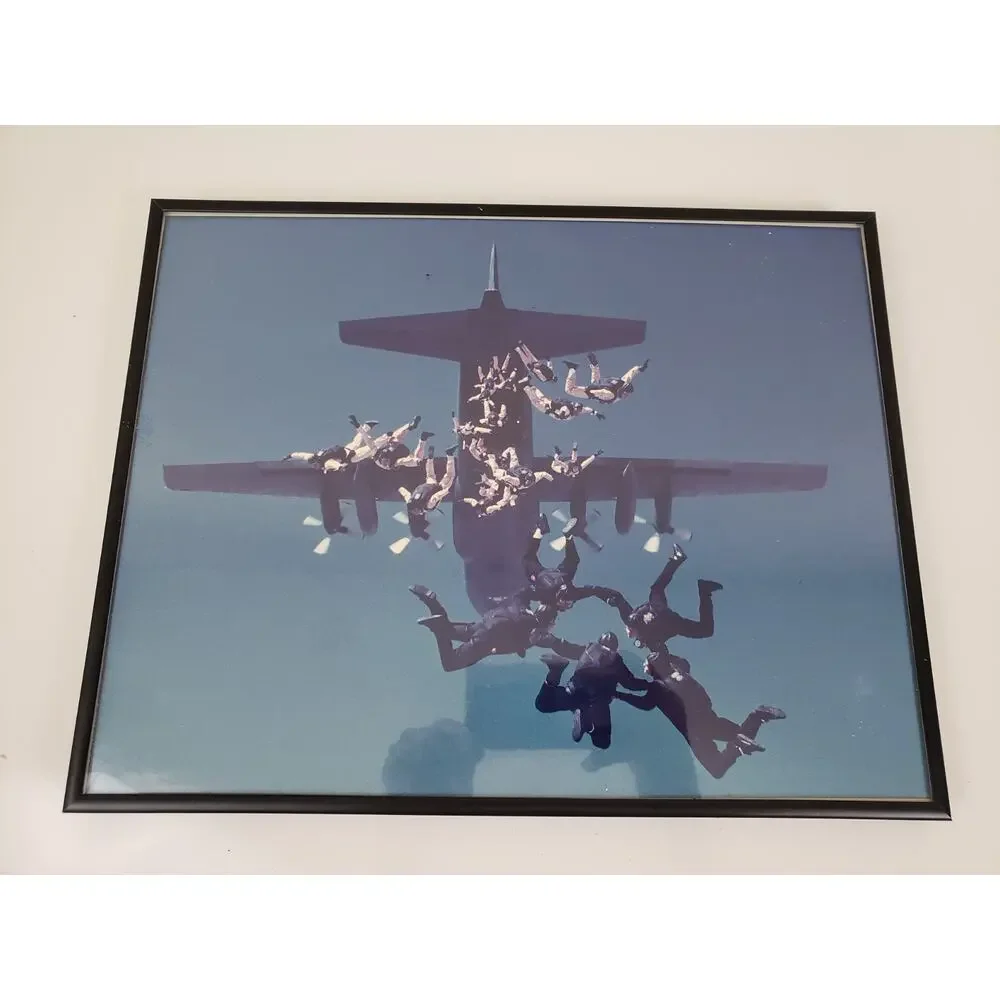 Skydivers Circle Parachuting Jump Military Airplane Aircraft Photo Framed
